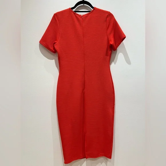 Red Ribbed Pencil Dress with Corset Seam Details - Picture 2 of 3